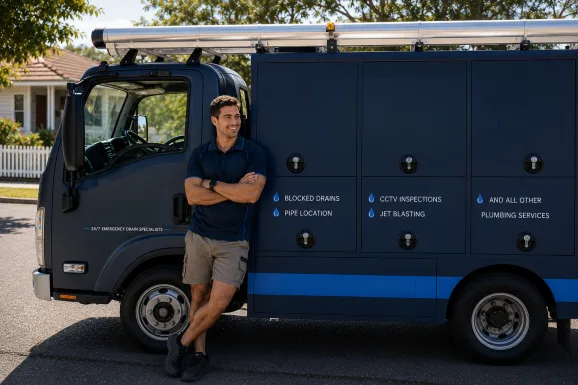 Plumber standing beside a service van in Terrey Hills