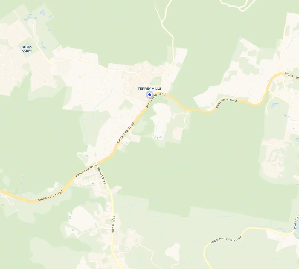 Map of the Terrey Hills service area and the surrounding Northern Beaches, showing Terrey Hills and the nearby streets we cover.