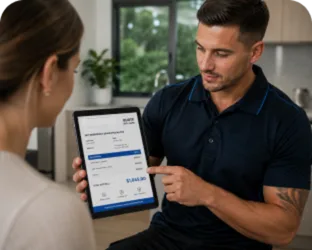 Plumber showing a Terrey Hills customer the quote on a tablet