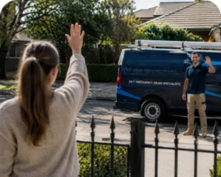 Customer waving goodbye to a plumber in Terrey Hills